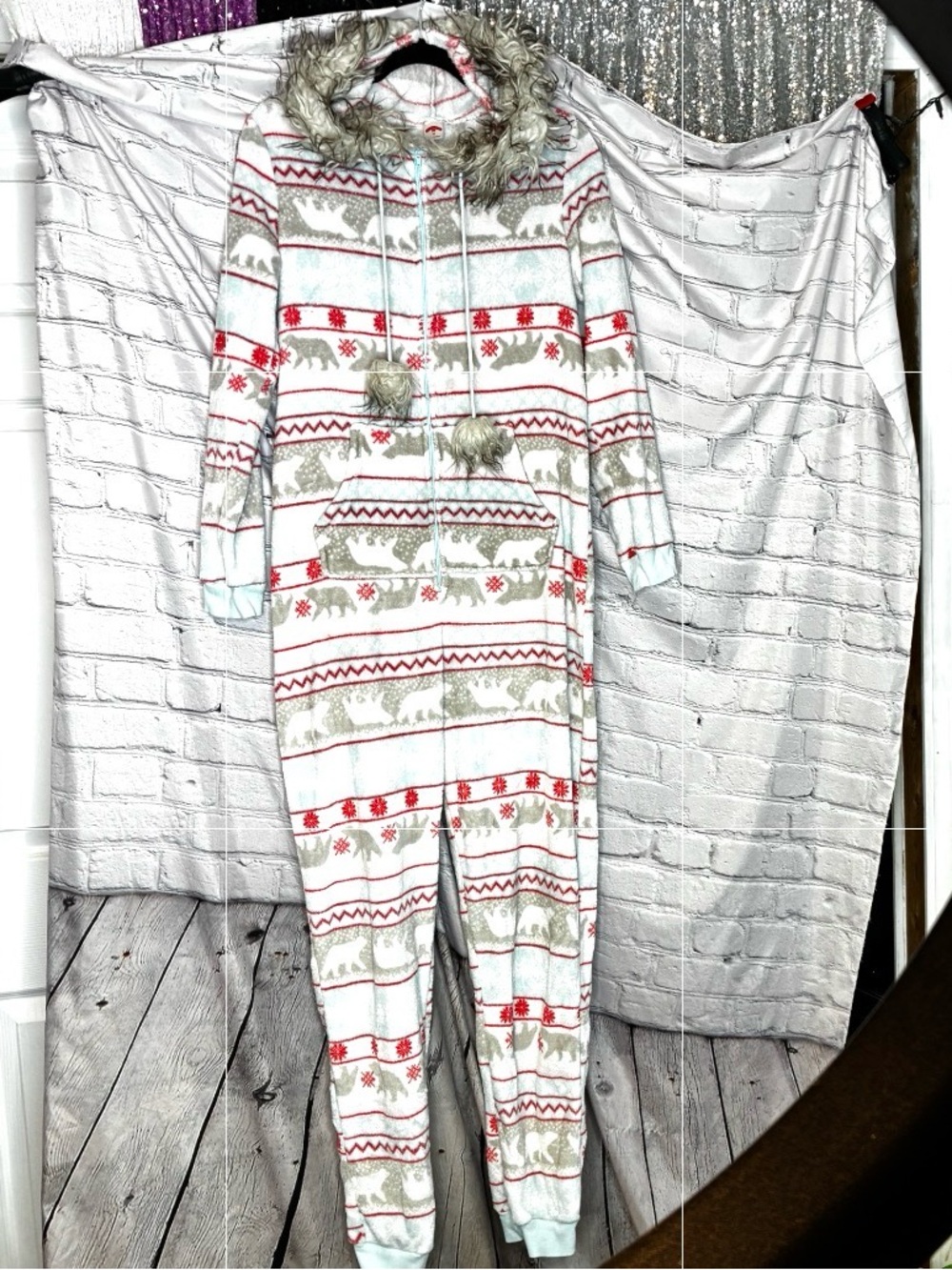 5/$20 Winter Fair Isle Faux Fur Hooded Pom Pom One Piece Zip Up Sleeper Pajama M